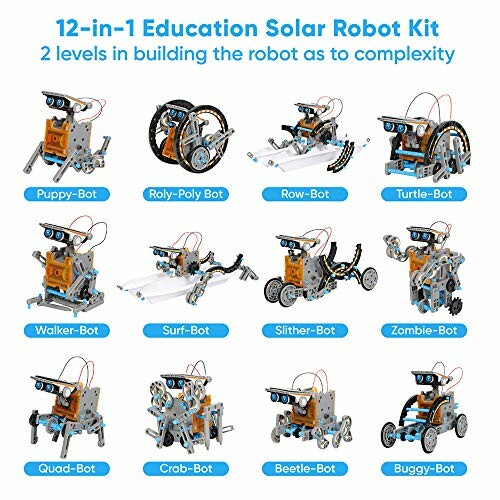12-in-1 education solar robot kit with various robot designs including Puppy-Bot, Roly-Poly Bot, Row-Bot, Turtle-Bot, Walker-Bot, Surf-Bot, Slither-Bot, Zombie-Bot, Quad-Bot, Crab-Bot, Beetle-Bot, Buggy-Bot.