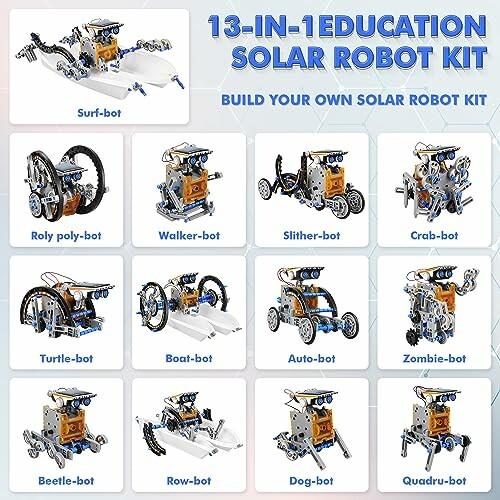 Various robots from the 13-in-1 education solar robot kit.