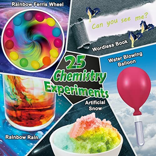 Colorful chemistry experiments for kids including rainbow ferris wheel, wordless book, water blowing balloon, rainbow rain, and artificial snow.