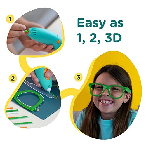 Steps showing how to use a 3D printing pen, ending with a girl wearing 3D-printed glasses.