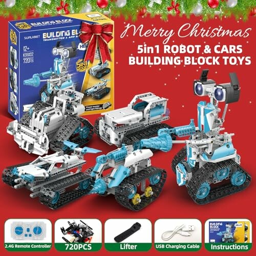 5-in-1 robot and cars building block toys set with remote controller and accessories