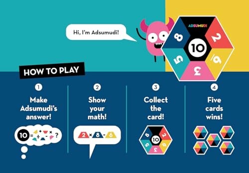 Adsumudi math game instructions with colorful graphics and steps to play.