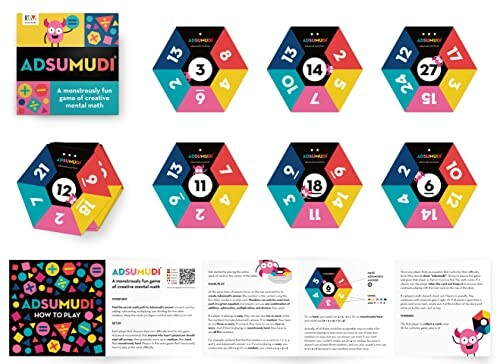 Adsumudi math game components including cards and instructions.