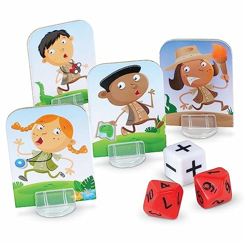 Illustrated game pieces with diverse characters and colorful dice.