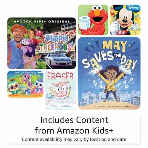 Collage of Amazon Kids+ shows including Blippi, Elmo, Disney's May Saves the Day, Do Re Mi, and Eraser