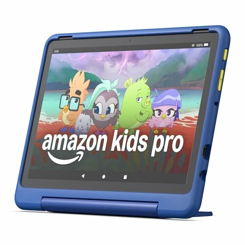 A child is seen happily playing on the Amazon Kids Pro tablet with cartoon characters on screen.