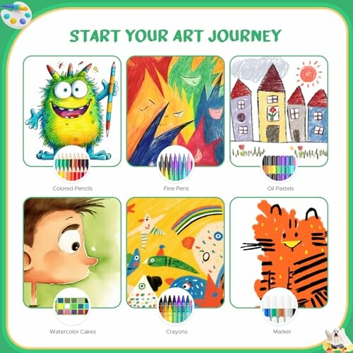 Art materials including colored pencils, fine pens, oil pastels, watercolor cakes, crayons, and markers with playful illustrations.