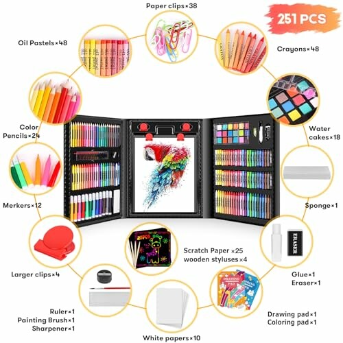 Comprehensive 251-piece art supplies set with oil pastels, crayons, color pencils, markers, water cakes, and more.