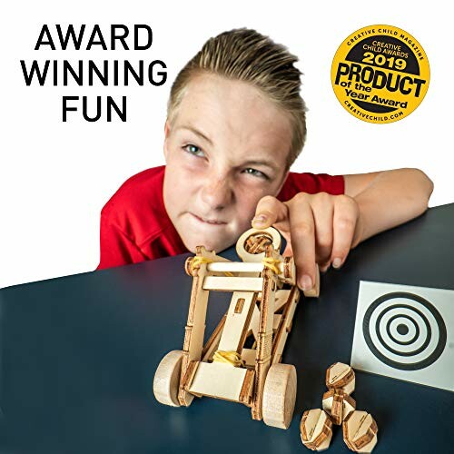 Boy playing with a wooden catapult toy, award-winning fun.