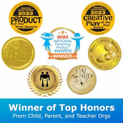 Assorted award badges for 2023 product and play honors.