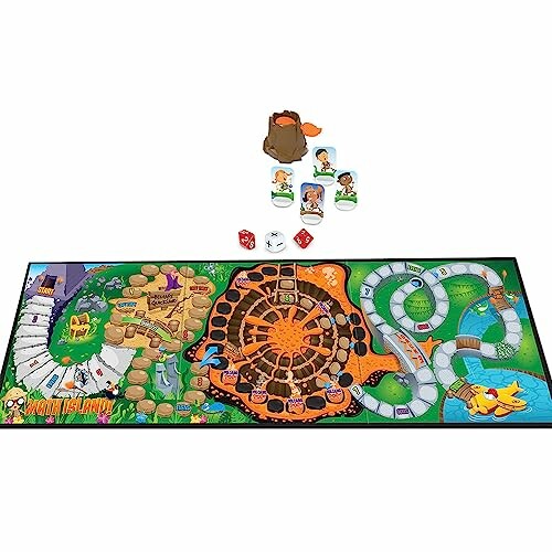 Colorful board game with dice and character cards.