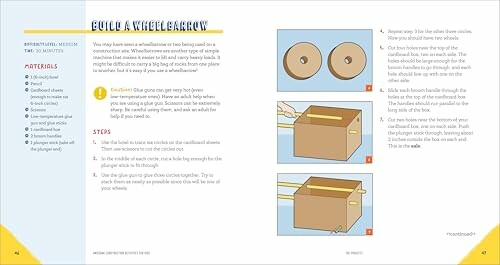 Page showing instructions to build a toy wheelbarrow with diagrams and materials list.