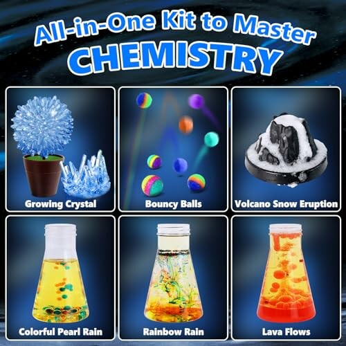 All-in-One Kit to Master Chemistry with various experiments like growing crystal, bouncy balls, and volcano snow eruption.