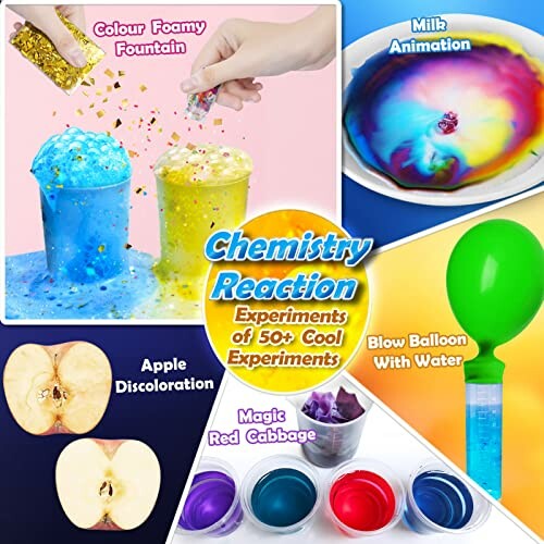 Collage of chemistry experiments including color foamy fountain, milk animation, apple discoloration, magic red cabbage, and blow balloon with water.