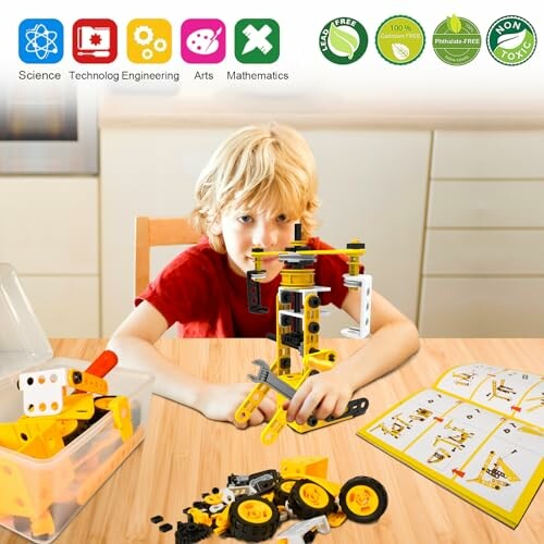 Child assembling a STEM toy with tools and instructions.