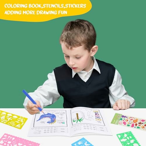 Child using coloring book with stencils and stickers.