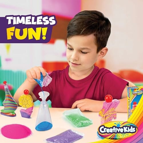 Child playing with colorful sand art kit.