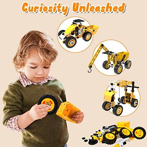 Child assembling yellow construction toy set with various vehicle models.