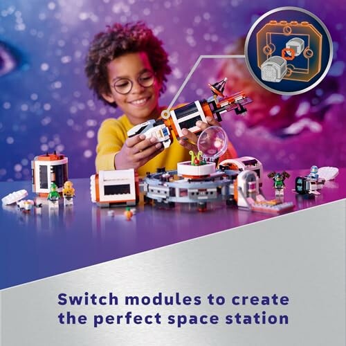 Child playing with space-themed toy set, including modular space station.