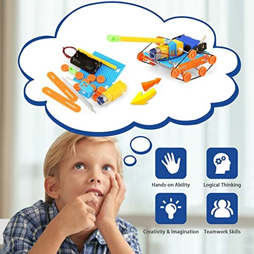 Child imagines building a robotic toy with educational skills icons.