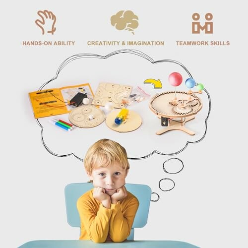 Child sitting with a thought bubble showing a wooden toy kit.