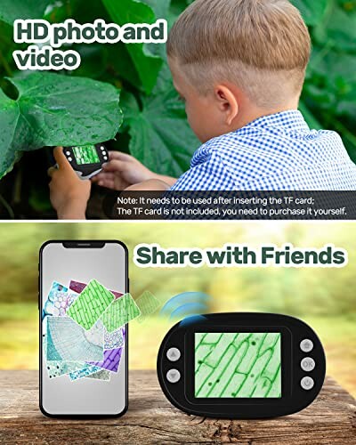 Child using digital microscope with smartphone sharing feature.