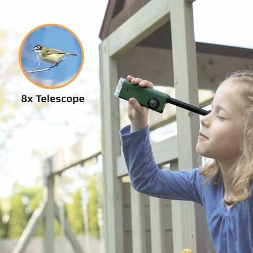 Child using a handheld telescope outdoors with a bird in a circle inset.