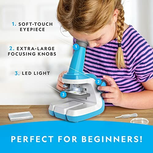 Child using a beginner-friendly microscope with labeled features.