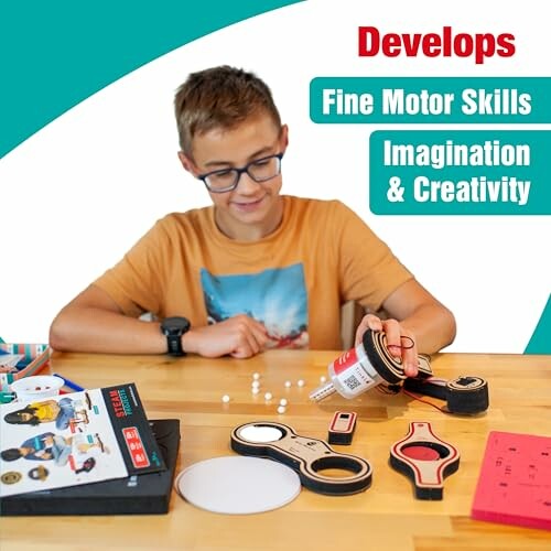 Child playing with educational toy kit on a table.