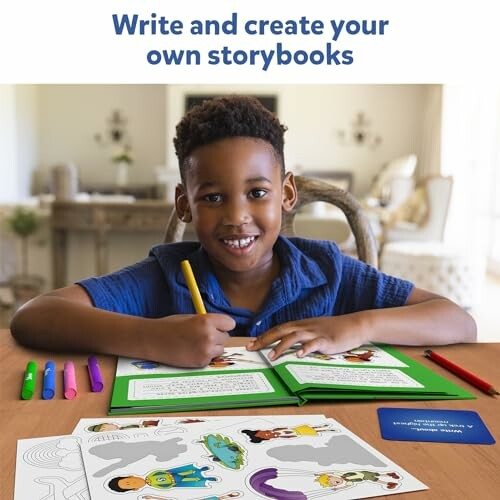 Child writing and creating their own storybook at a table.
