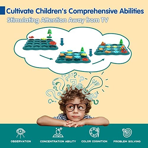 Child thinking with educational game concepts above.