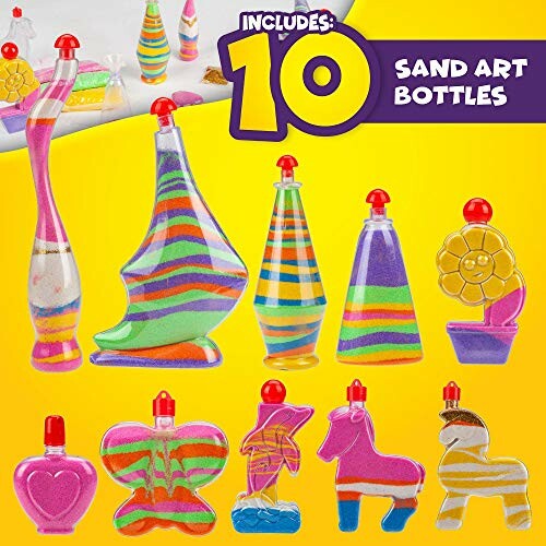 Colorful sand art bottles in various shapes with a yellow background and text indicating inclusion of 10 bottles.