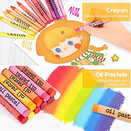 Crayons and oil pastels with colorful drawings.