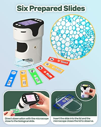 Digital microscope with six prepared slides and close-up view.