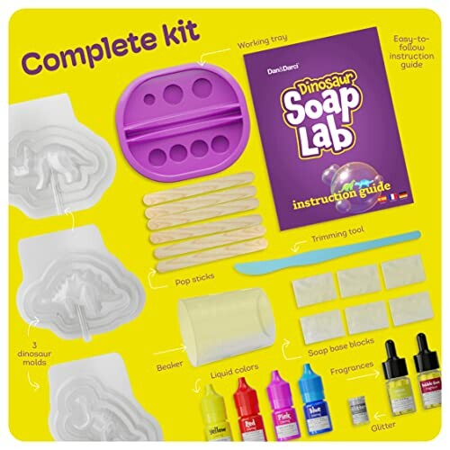 Dinosaur soap lab kit with molds, colors, and instructions.