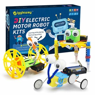DIY electric motor robot kits with colorful components and box