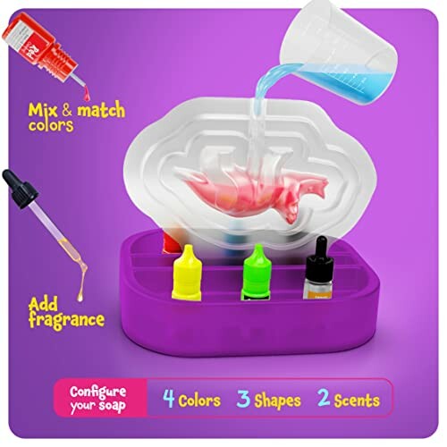 DIY soap making kit with colorful liquids and molds.