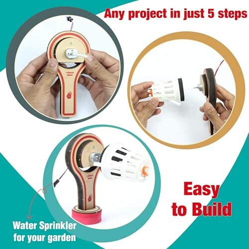 Hands assembling a DIY water sprinkler project in five steps.