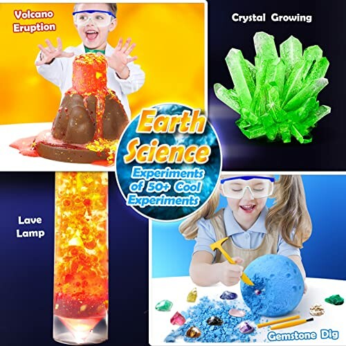 Collage of earth science experiments for kids, including volcano eruption, crystal growing, lava lamp, and gemstone dig.