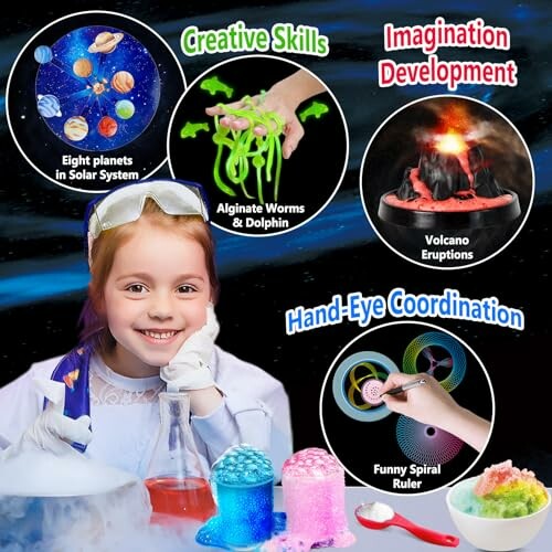 Child with science experiments promoting creative skills, imagination development, and hand-eye coordination.