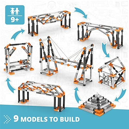 Engineering construction toy set with 9 buildable models for ages 9 and up.