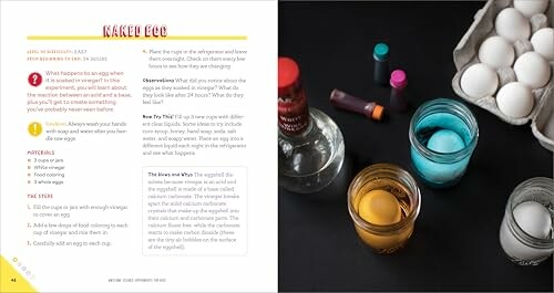 Open book showing an egg experiment setup with jars and eggs.
