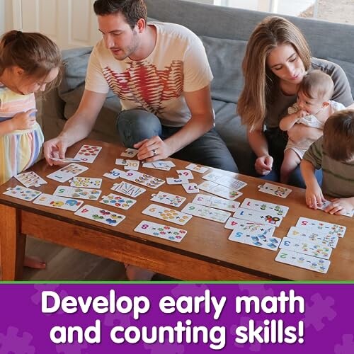 Family playing educational math and counting games at a table.