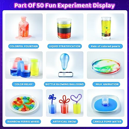 Nine fun science experiments, including colorful fountain, liquid stratification, and candle pump water.