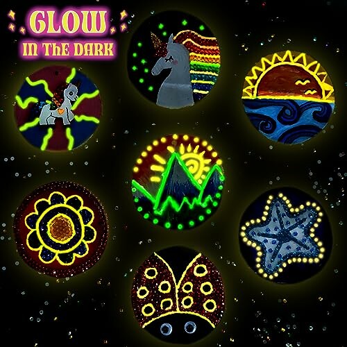 Six glow-in-the-dark circular artworks featuring animals, nature, and abstract designs.