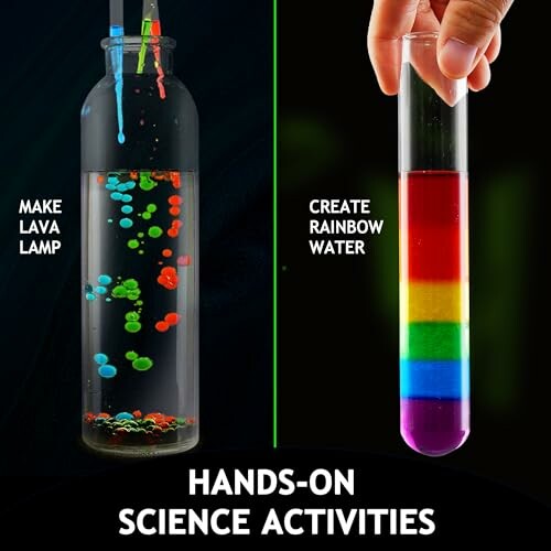 Two science activities: lava lamp and rainbow water.