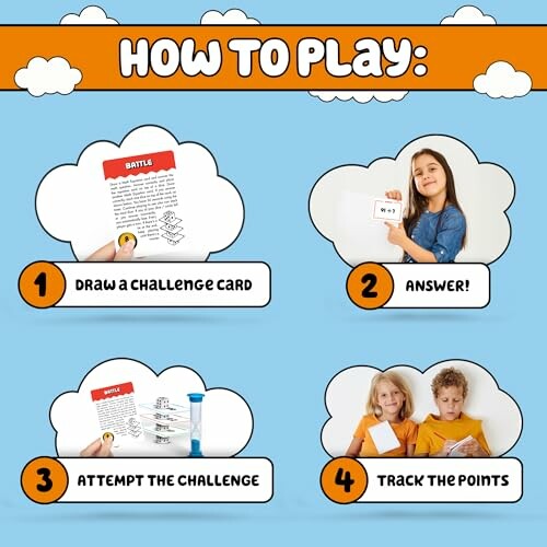 Illustration showing steps on how to play a game: draw a challenge card, answer, attempt the challenge, and track the points.