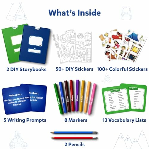 Contents of a kids' activity kit including storybooks, stickers, writing prompts, markers, vocabulary lists, and pencils.