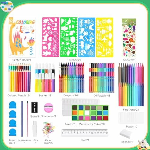 Colorful kids art supplies set with sketch book, stencils, stickers, pencils, markers, crayons, oil pastels, watercolor cakes, and more.