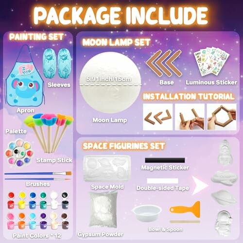 Contents of a kids' craft kit including painting, moon lamp, and space figurines sets.